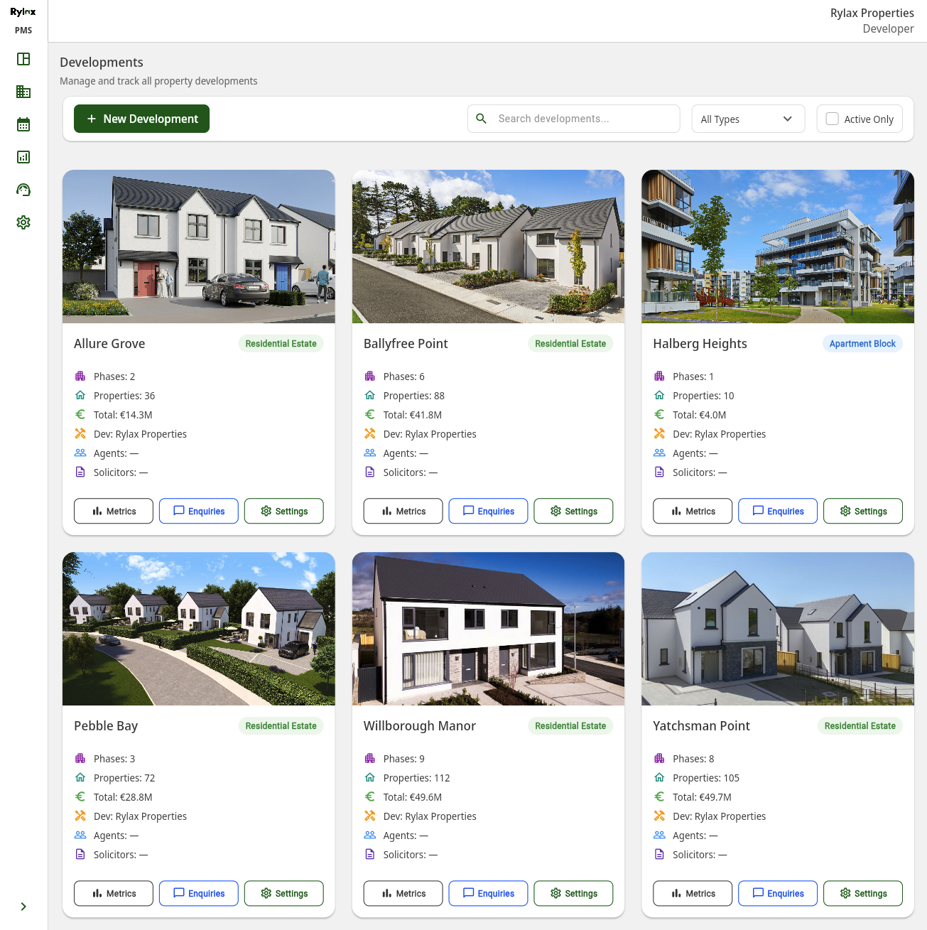 Rylax Platform - Multi-development portfolio management dashboard showing multiple residential developments with metrics, phases, and property counts