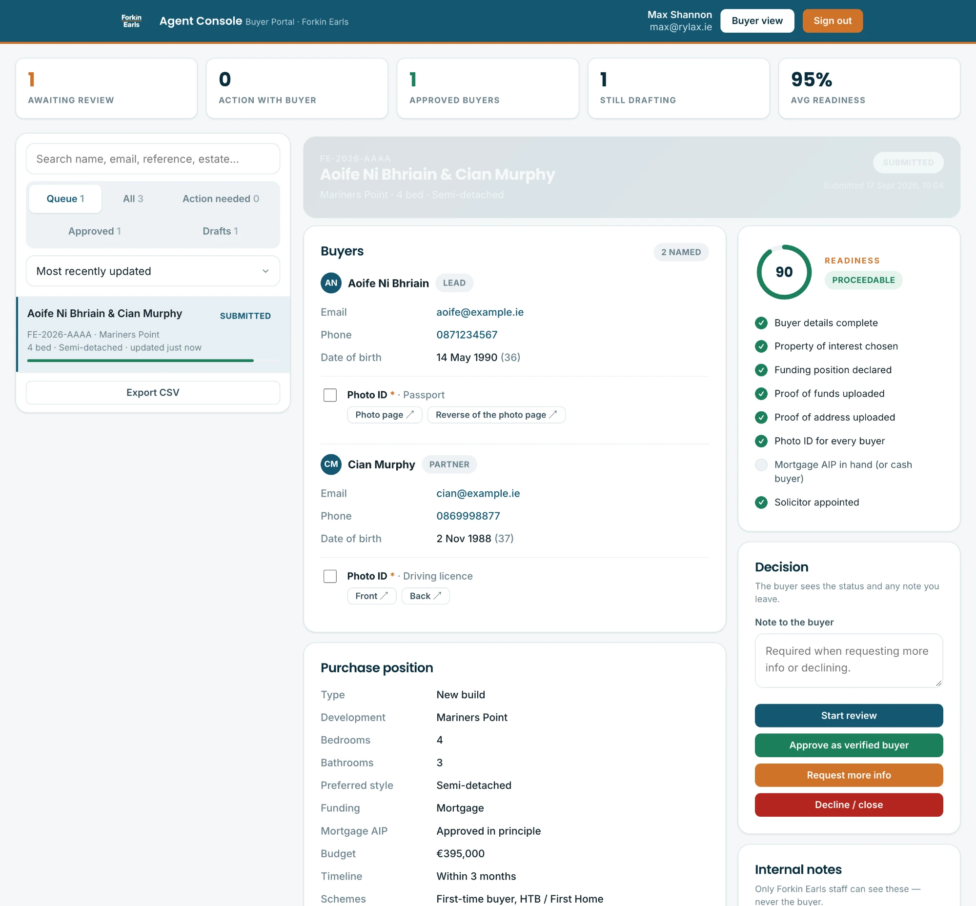 The Buyers Portal agent console: a submitted buyer with a 90 readiness score, buyer and partner details, purchase position, and approve, request-info or decline actions