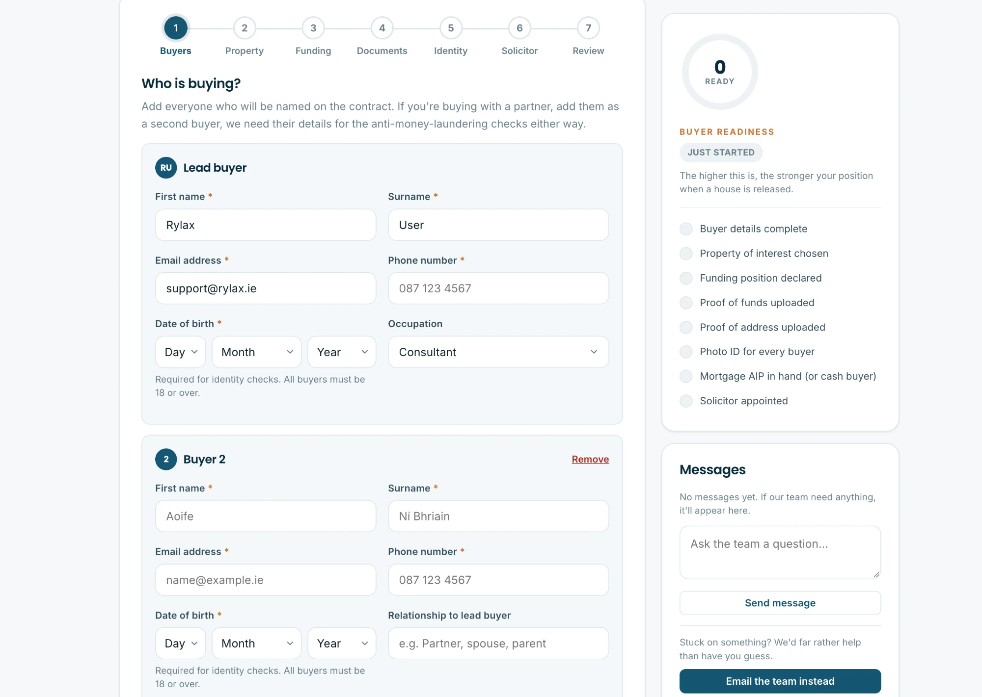The Buyers step: a lead buyer and a second buyer form, with name, contact, date of birth and occupation, beside the live readiness panel