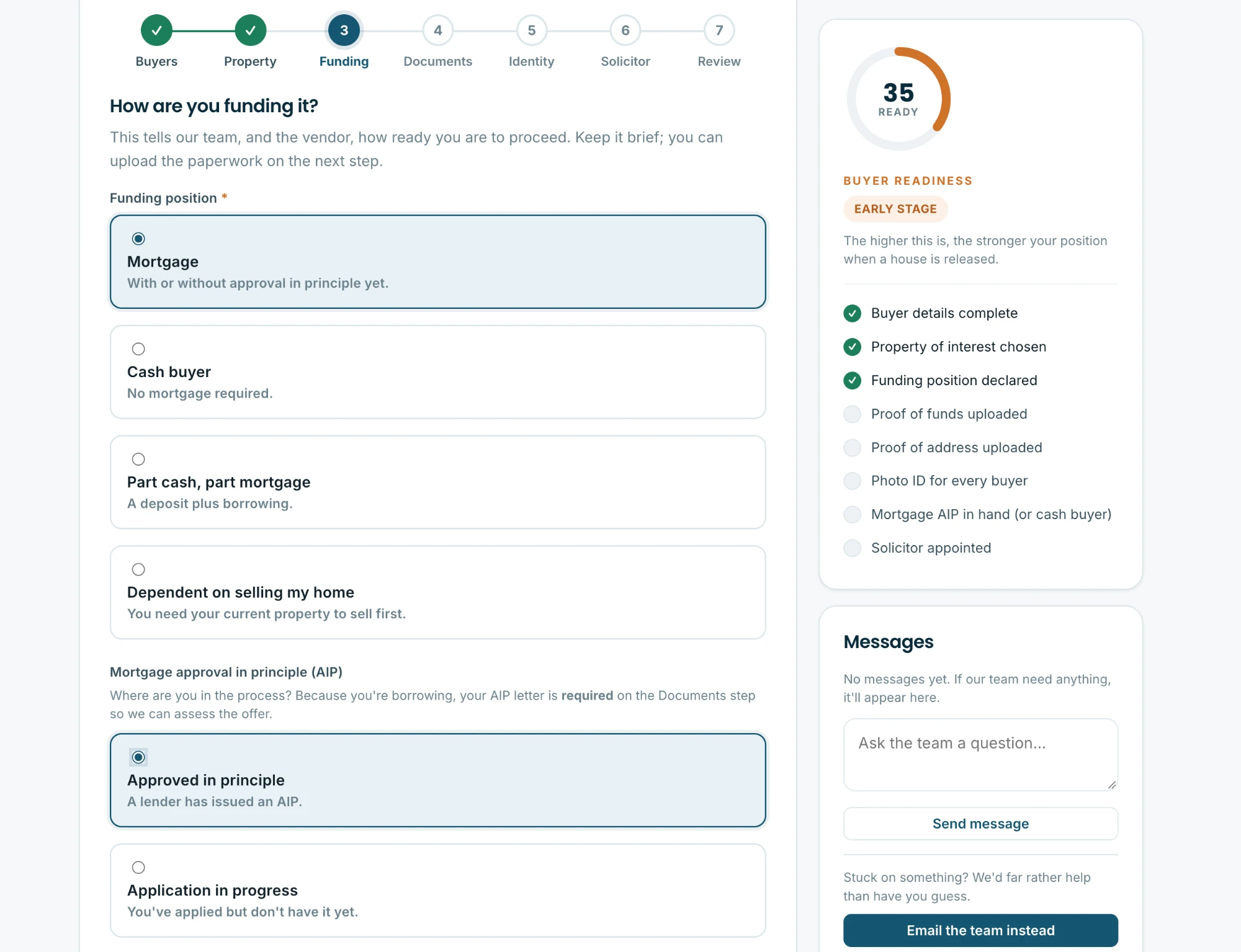 The Funding step: mortgage, cash, part-cash or dependent-on-sale options and the mortgage approval-in-principle position, with the readiness score rising
