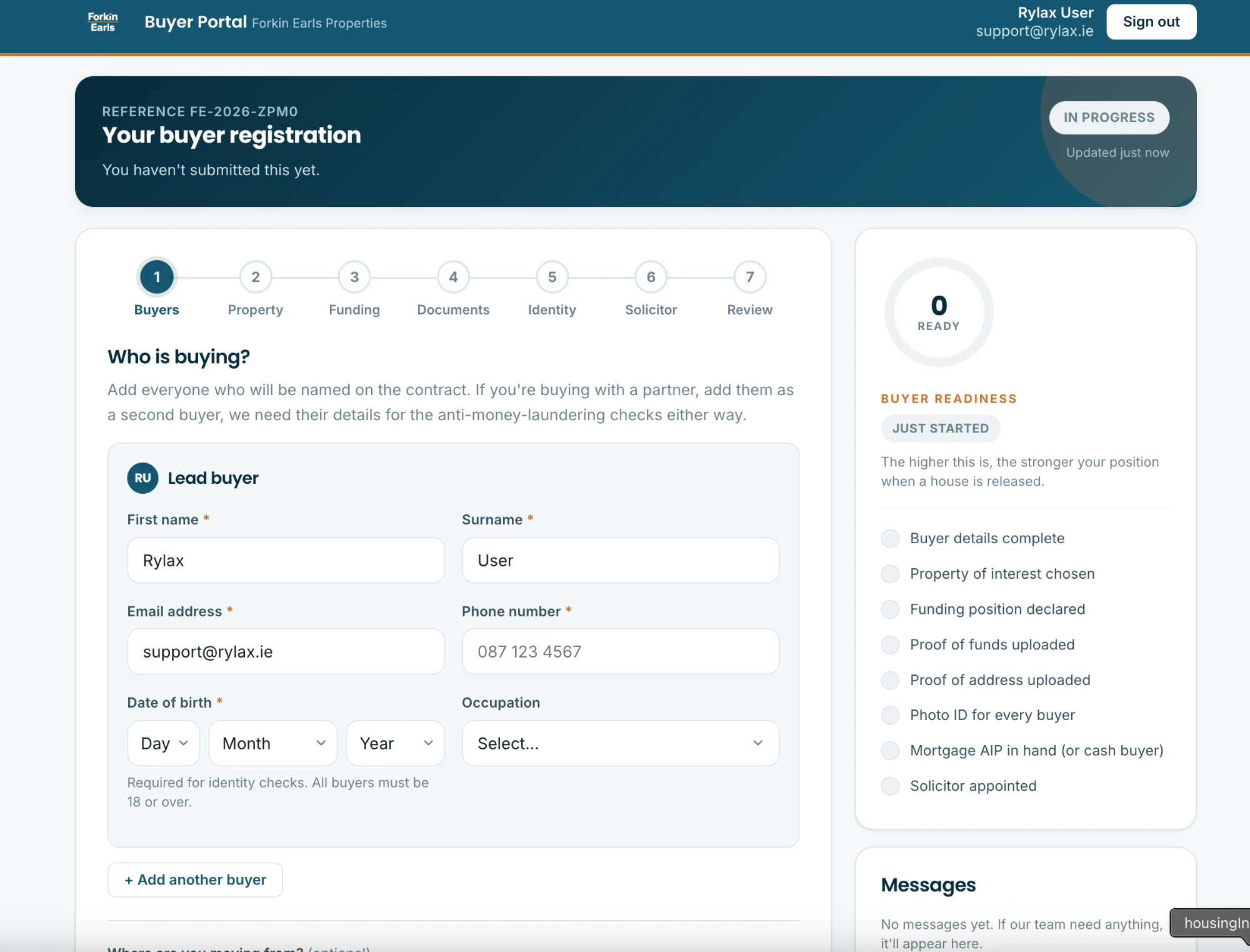 The Buyers Portal registration wizard on step 1, Buyers, with the lead buyer form and the live readiness score panel showing zero of eight checks complete
