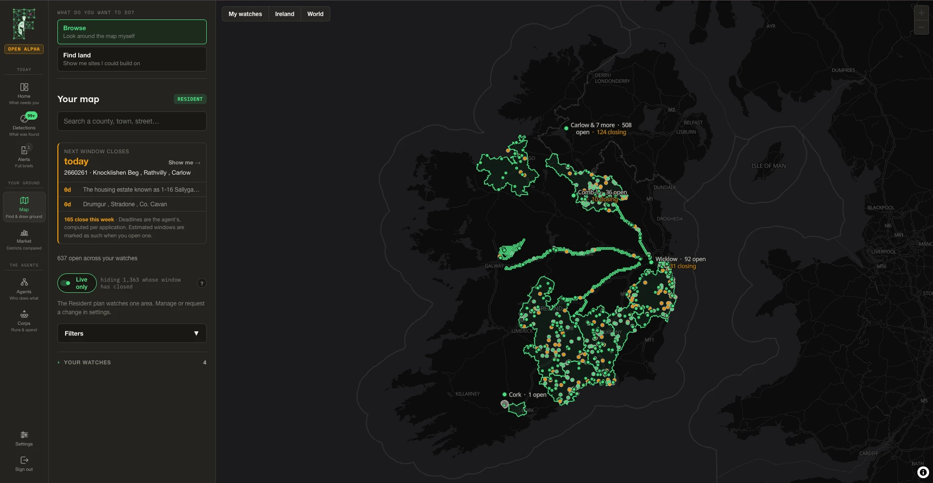 The Fabius map of Ireland: watches drawn across counties with green and amber points marking open and closing planning applications, a Your map panel listing the next windows to close, watches and detections, and 637 open across your watches