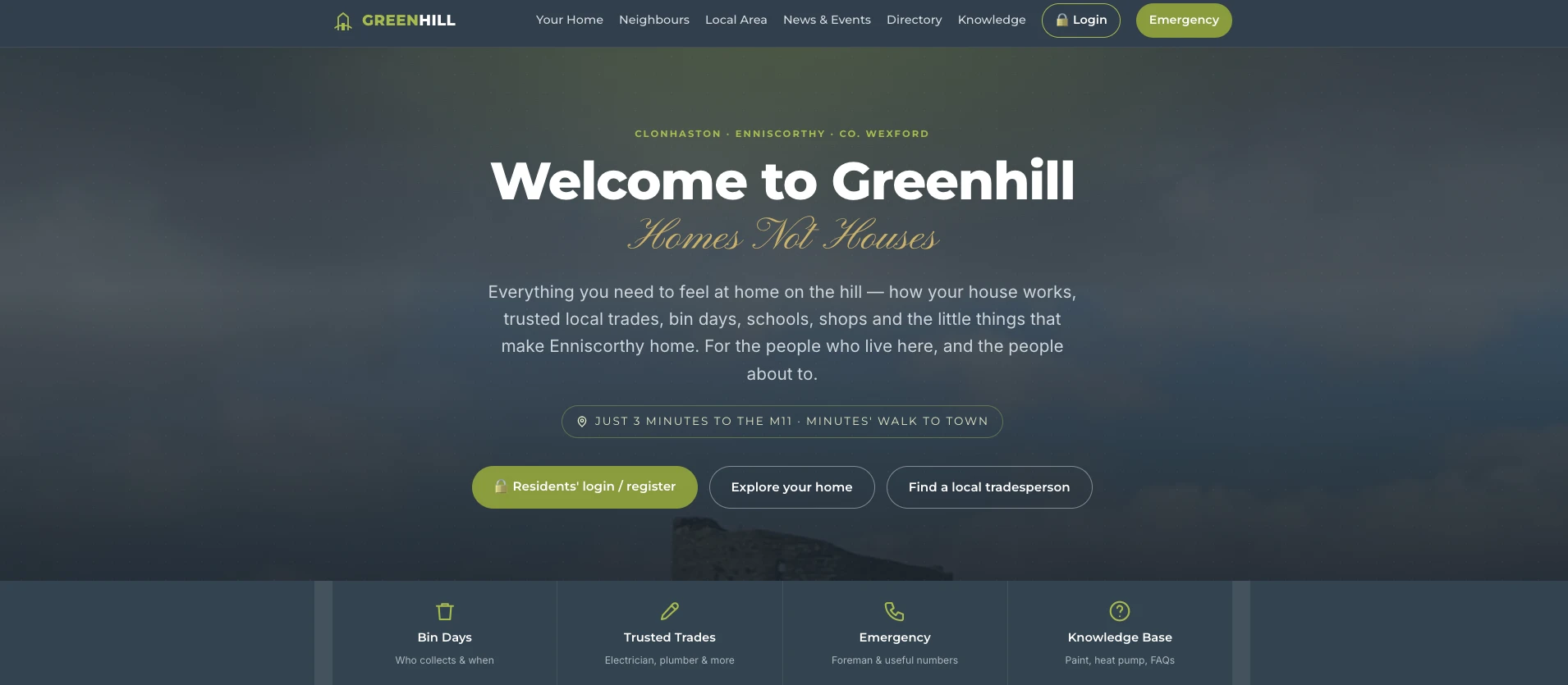 The Greenhill resident hub home page: Welcome to Greenhill, Homes Not Houses, in Clonhaston, Enniscorthy, Co. Wexford, with residents' login, explore-your-home and find-a-tradesperson actions and quick links to bin days, trusted trades, emergency numbers and the knowledge base
